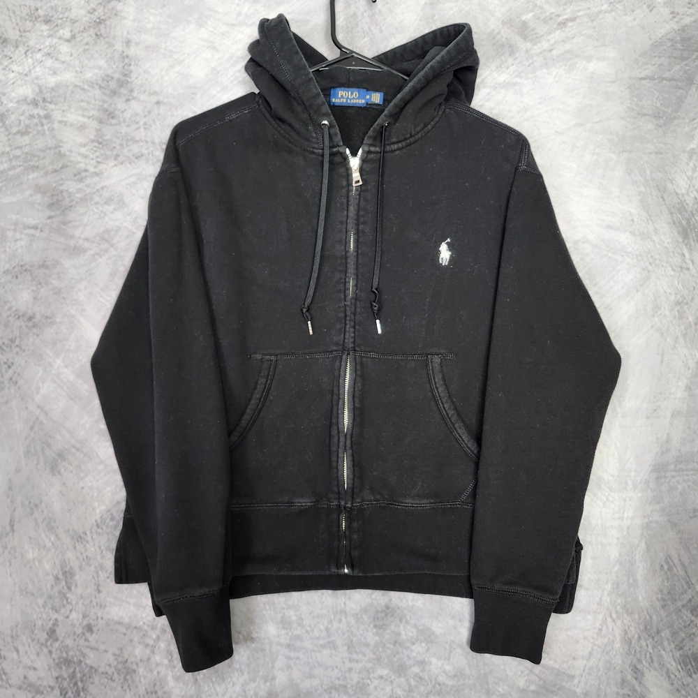 Polo Ralph Lauren Black Full Zip Fleece Hoodie Mens Medium Sweatshirt Blur Pony